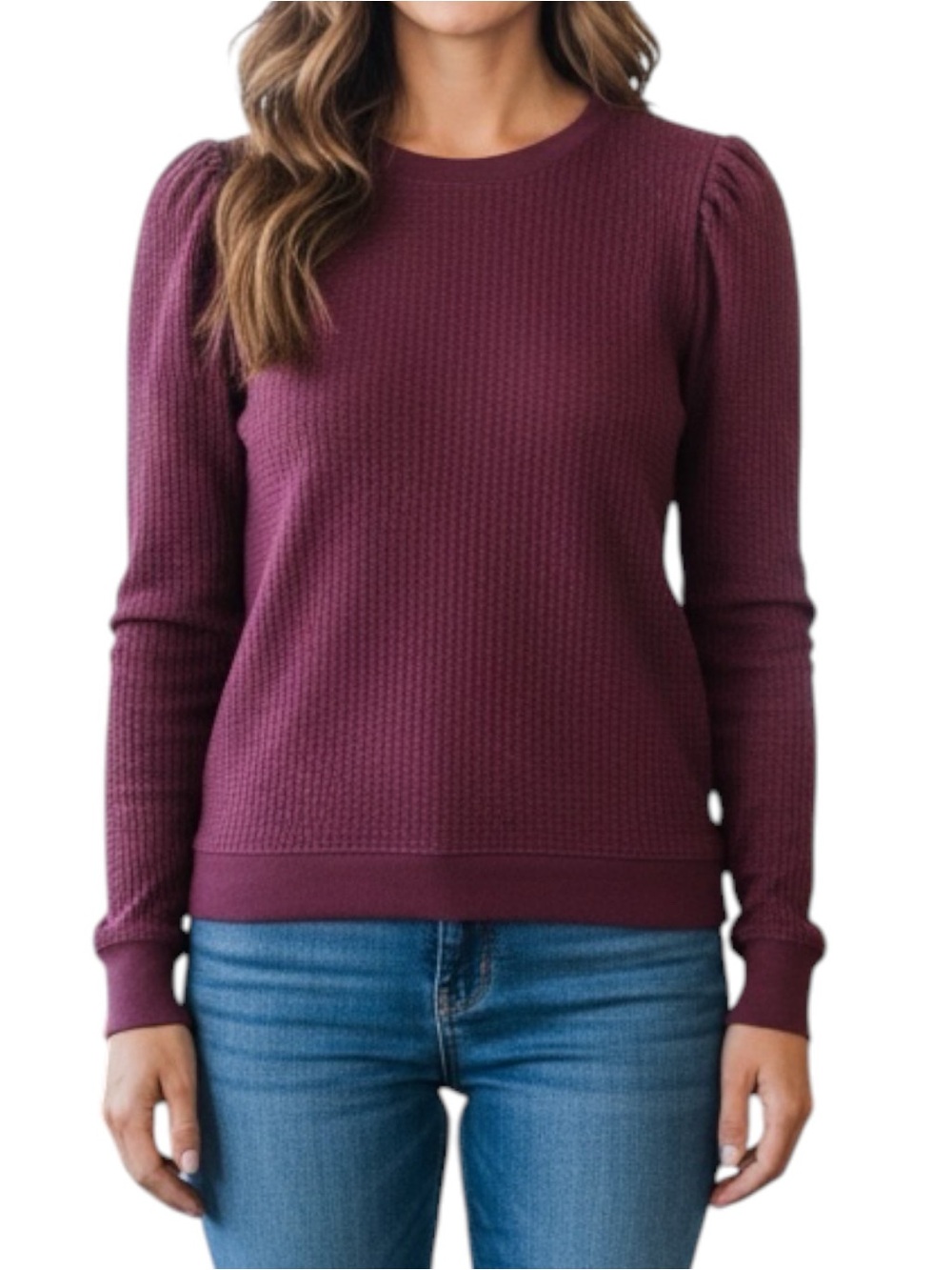 Ann Taylor LOFT Burgundy Waffle-Knit Puff Shoulder Long Sleeve Top Shirt Fall